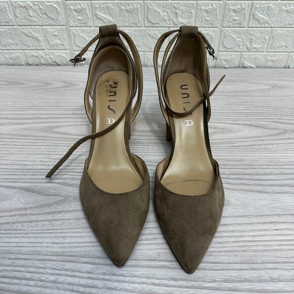 Unisa Pointed Toe Pumps WMNS 10M Tan High Heels Buckle Closure Ankle Strap Block - Picture 2 of 7